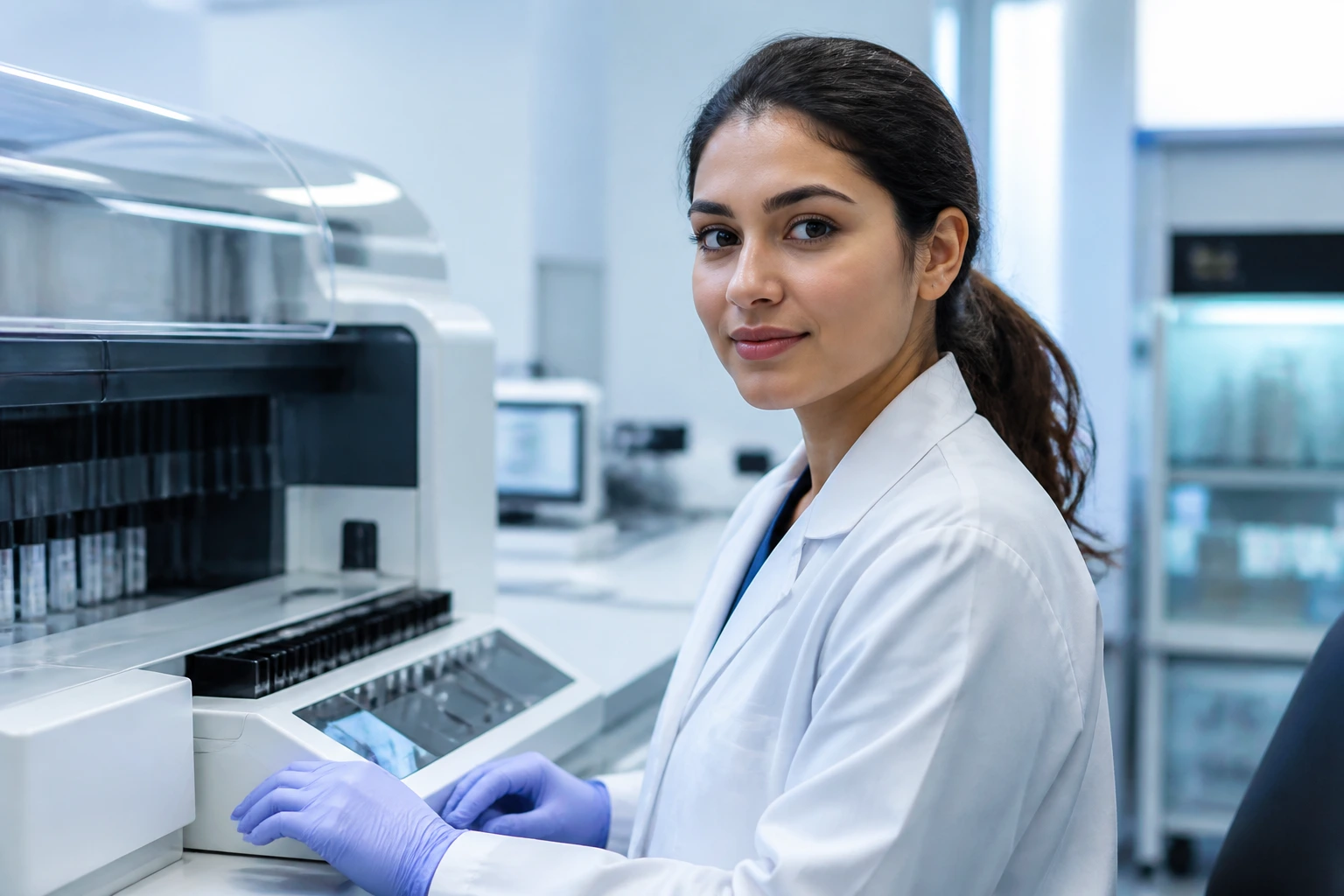 Portrait of a real medical laboratory professional in a Canadian hospital lab