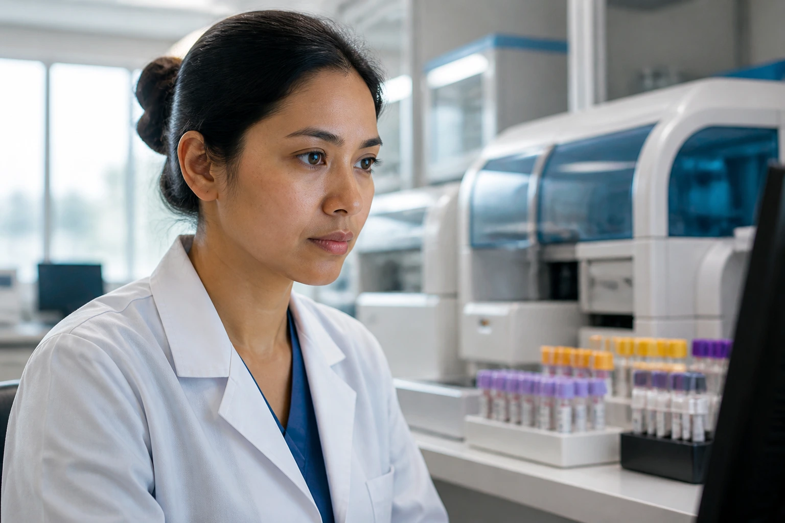 Close-up of a Canadian medical laboratory technologist at a modern lab bench
