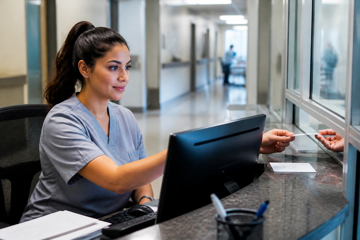 Medical receptionist at a clinic front desk