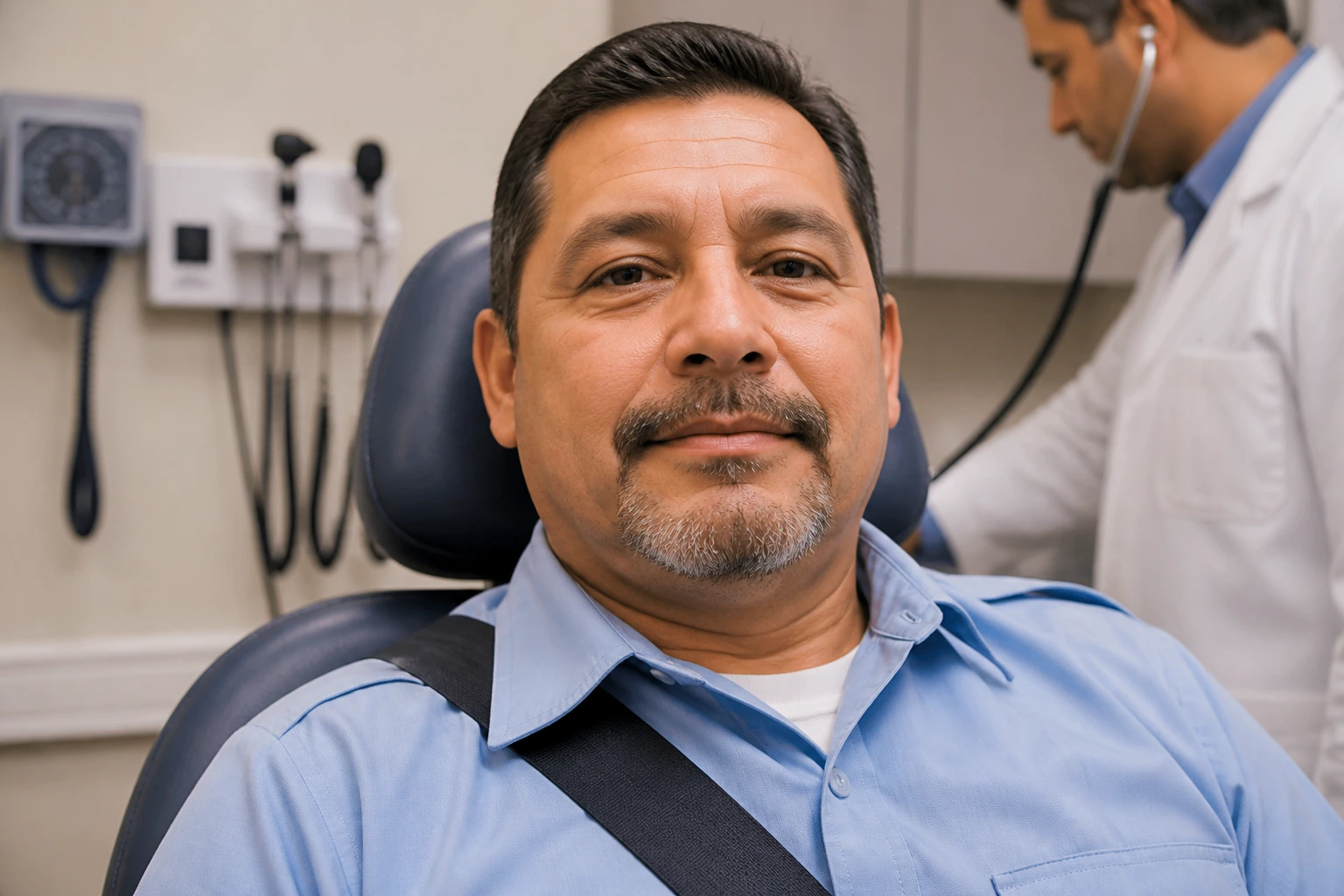 Close-up of a bus driver undergoing medical screening in a clinic