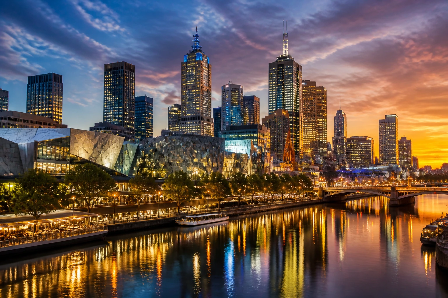 Melbourne skyline at dusk along the Yarra River, cityscape dominating the frame.