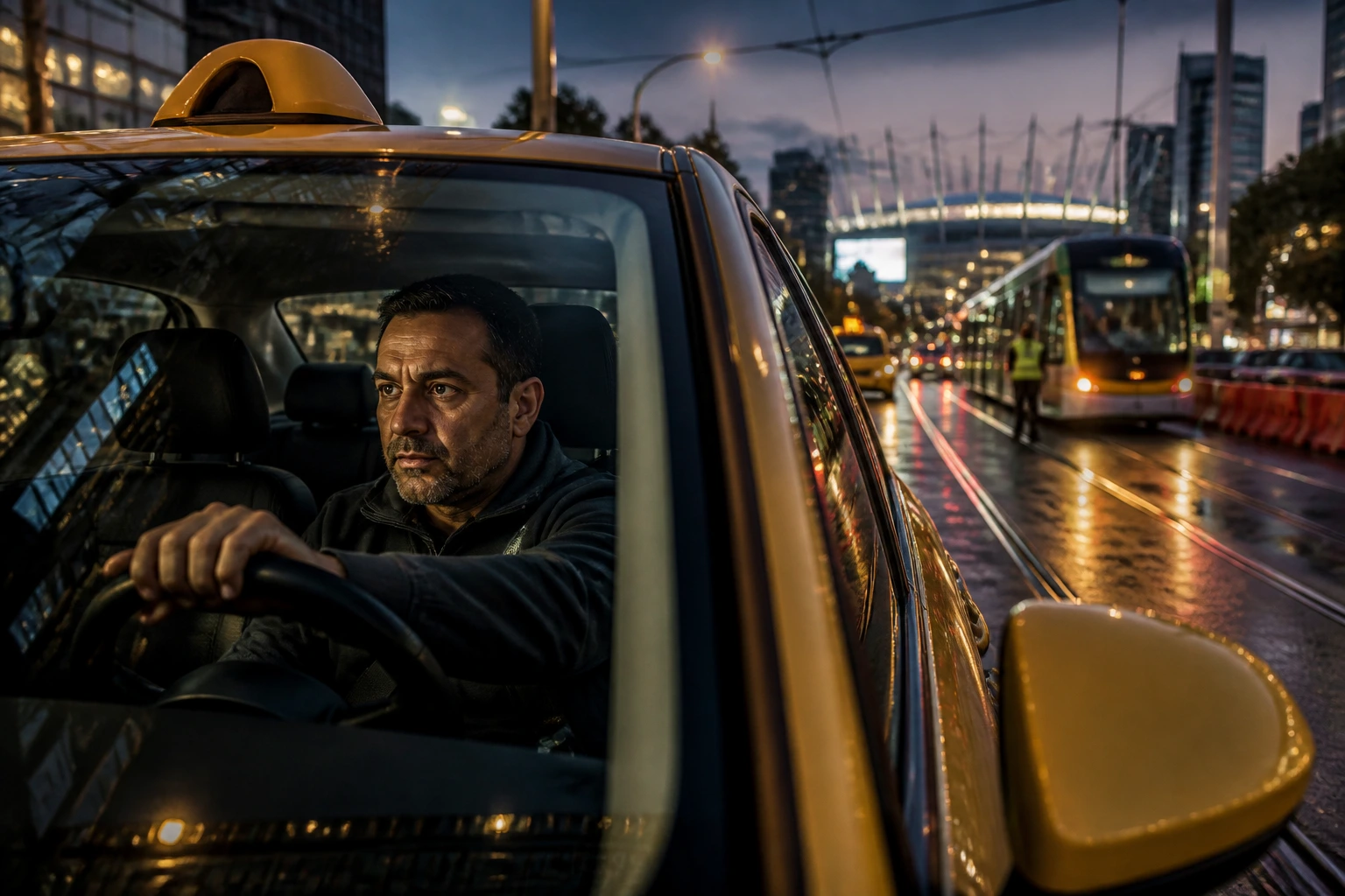 Taxi driver inside a vehicle with tram lines and event stadium lights in the background