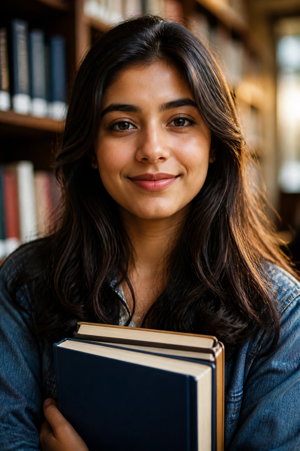 Close-up portrait of a student representing merit-based scholarships in a campus library