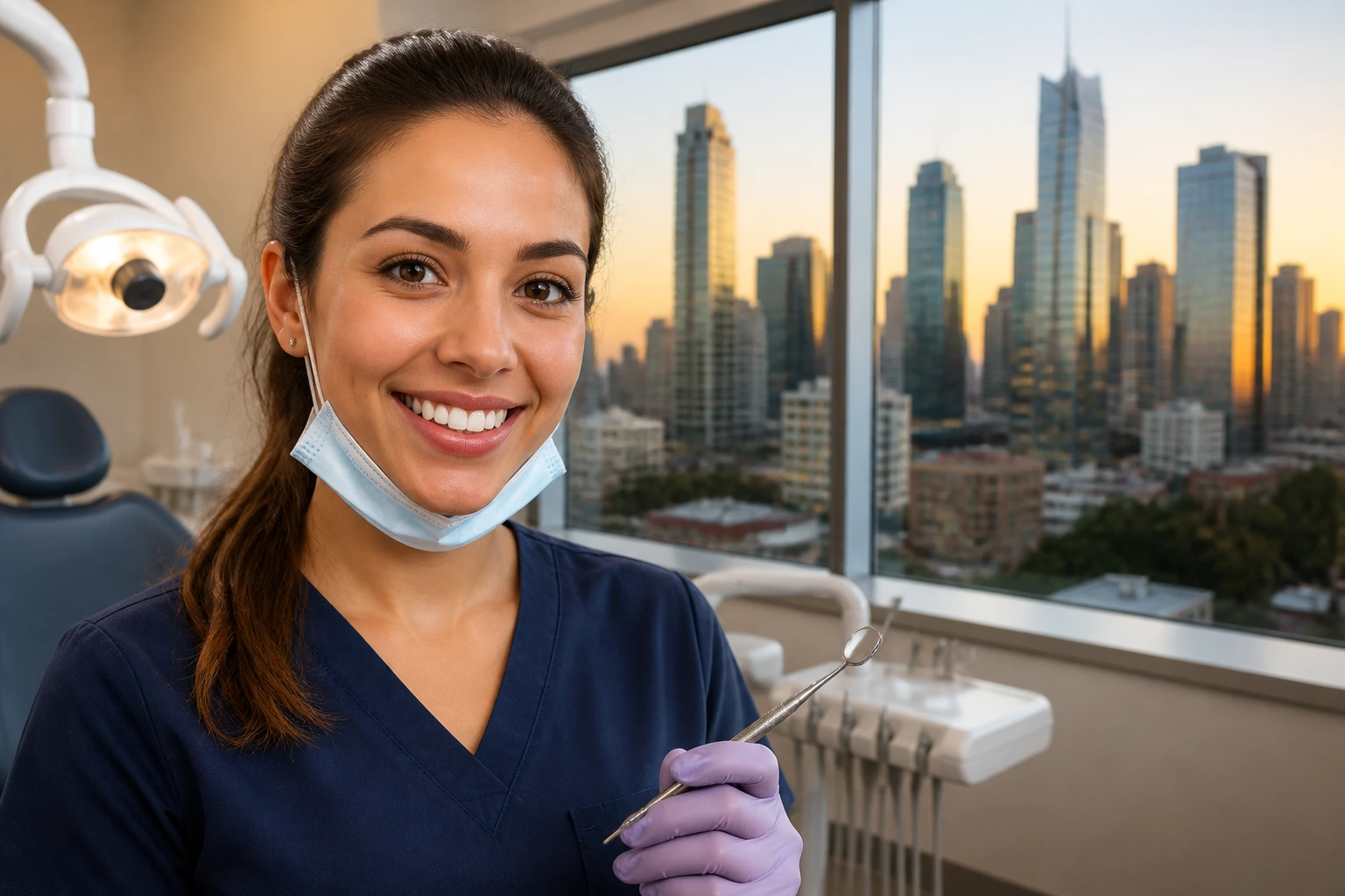 Dental professional in clinic with city skyline background