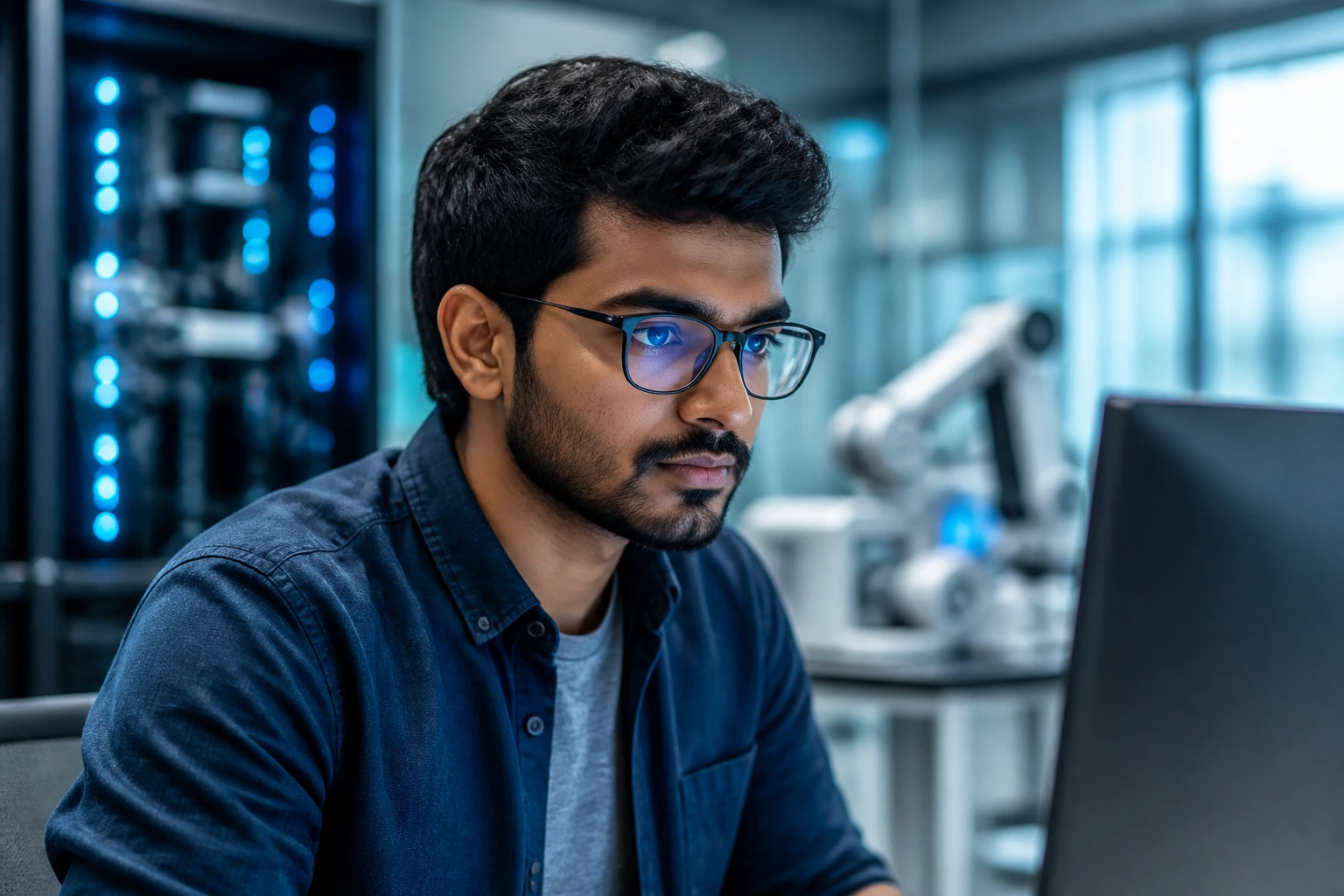 Close-up portrait of a software engineer in a Microsoft-style R&D hub, representing sponsorship
