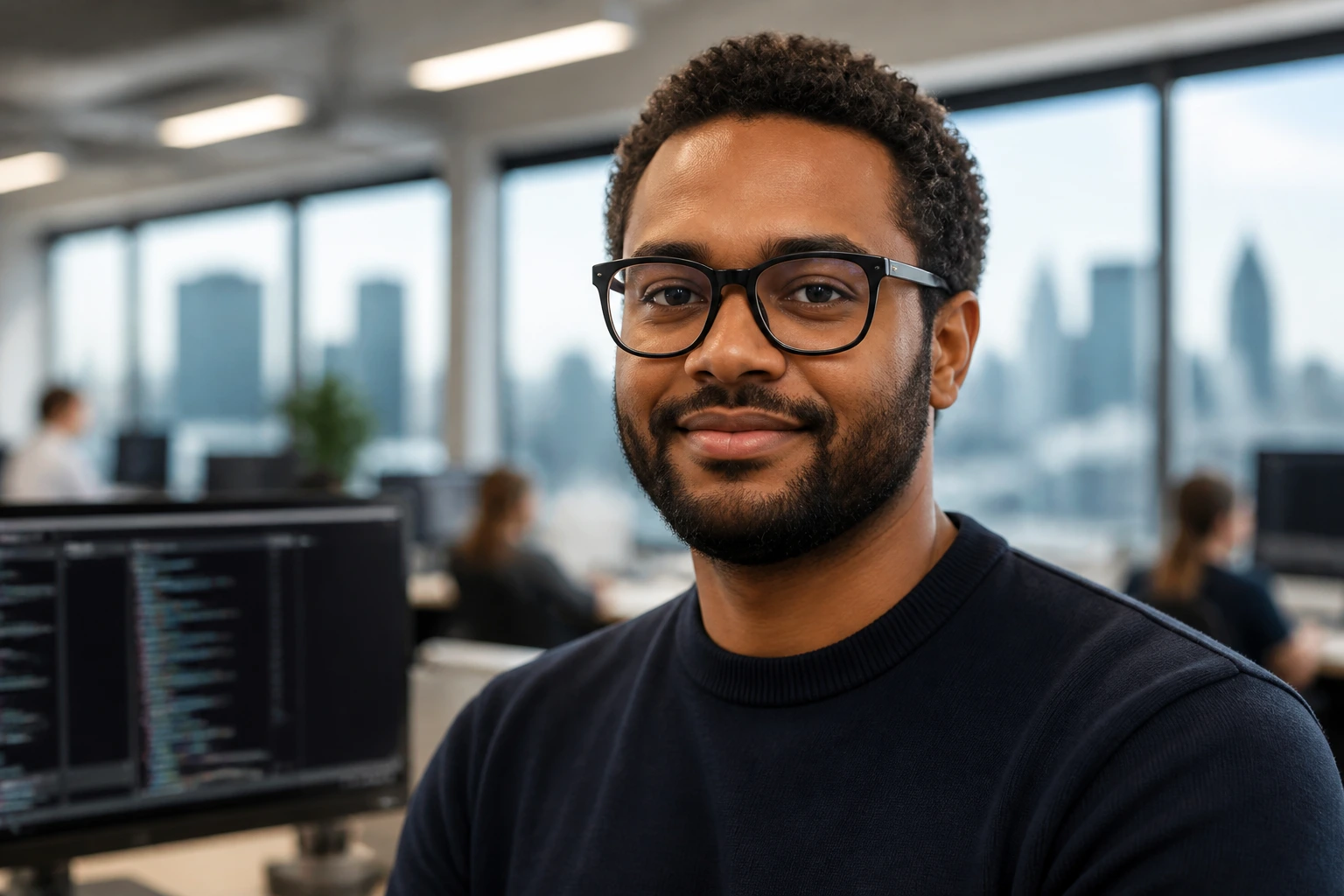 Close-up portrait of a Microsoft UK engineer in a UK office with city view