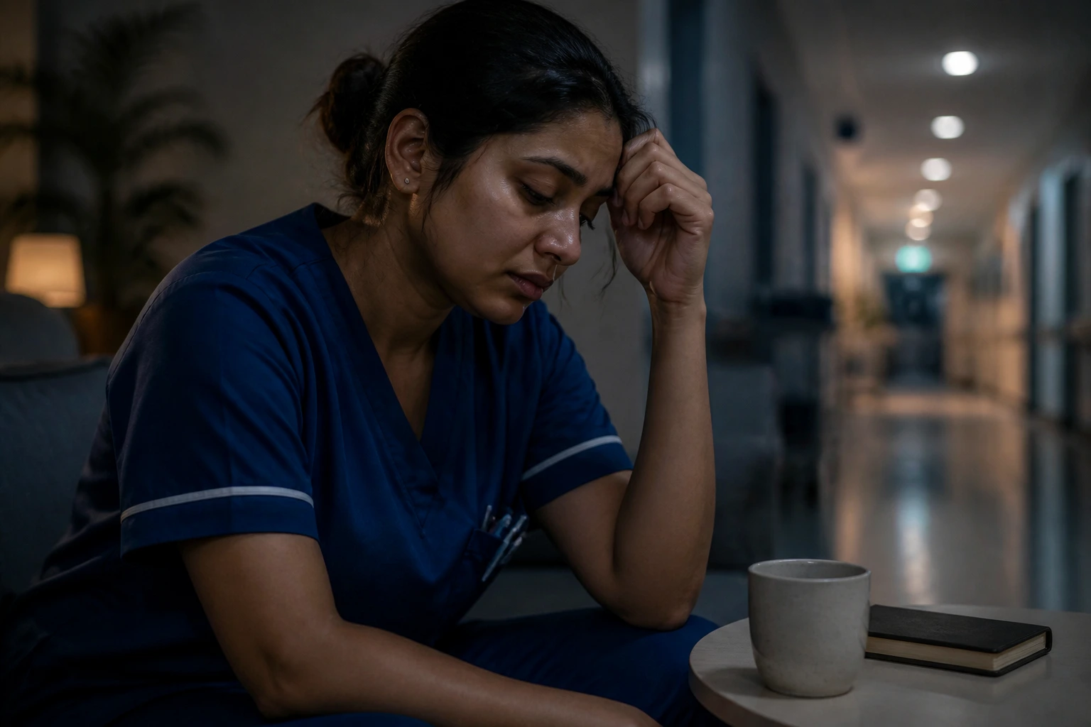 Midwife showing resilience in a quiet NHS staff space