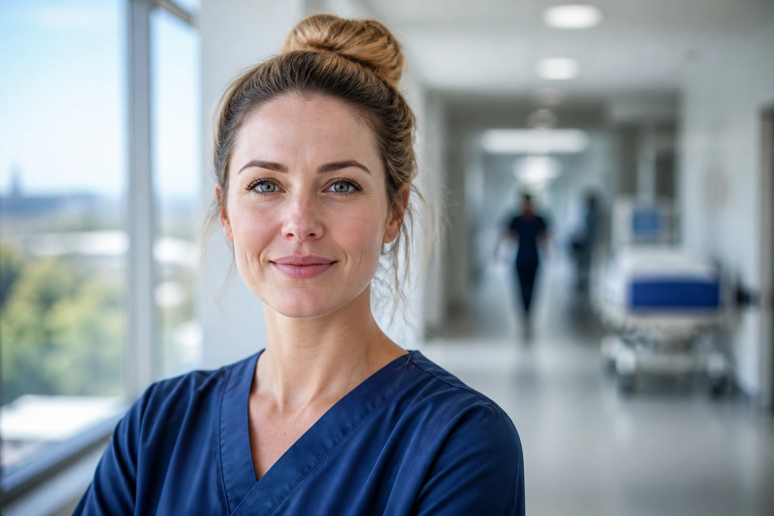 Close-up portrait of a midwife in scrubs in a hospital setting illustrating career lifecycle in Australia