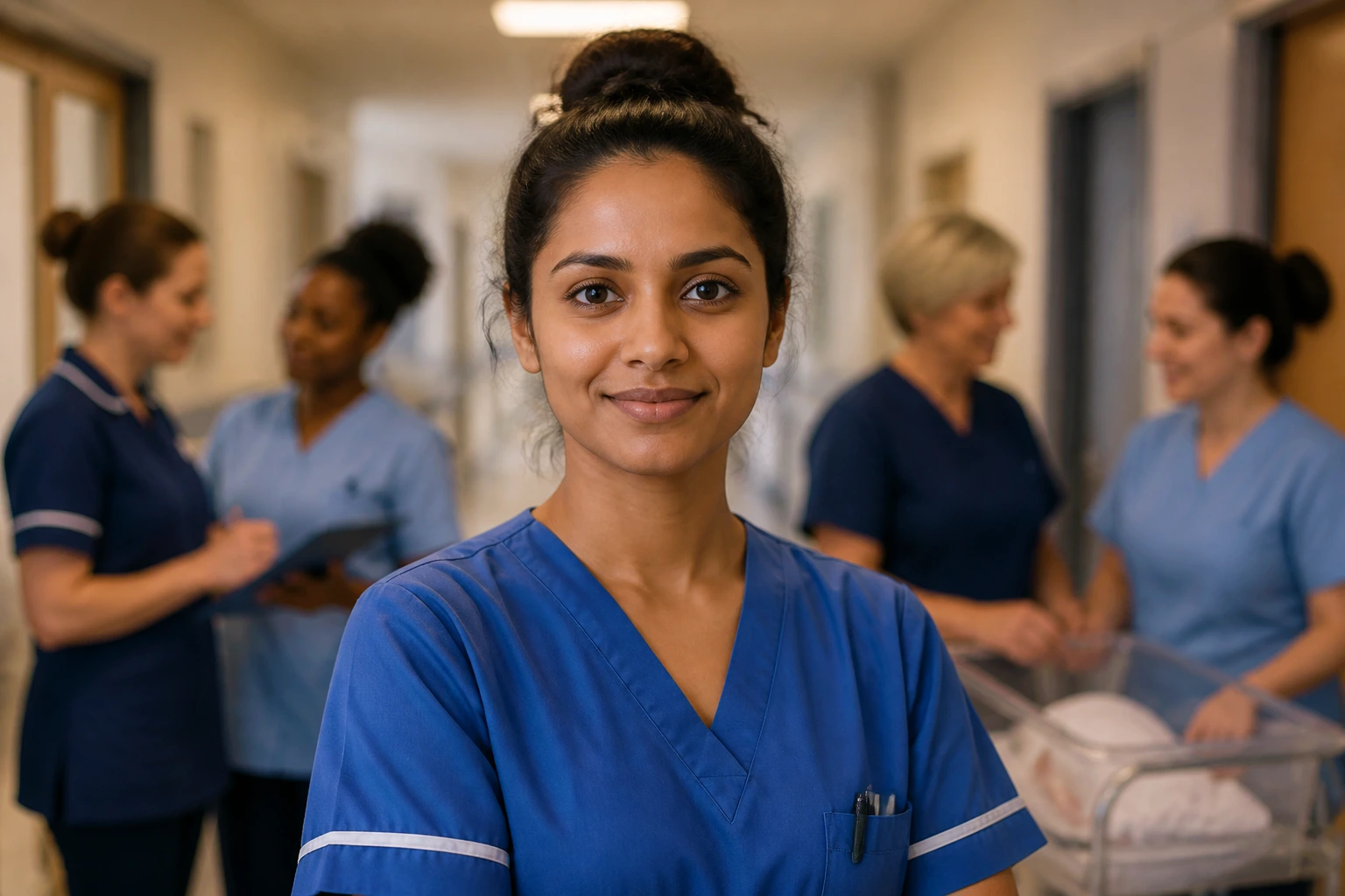 Midwife in NHS scrubs in a clinical corridor, professional and focused