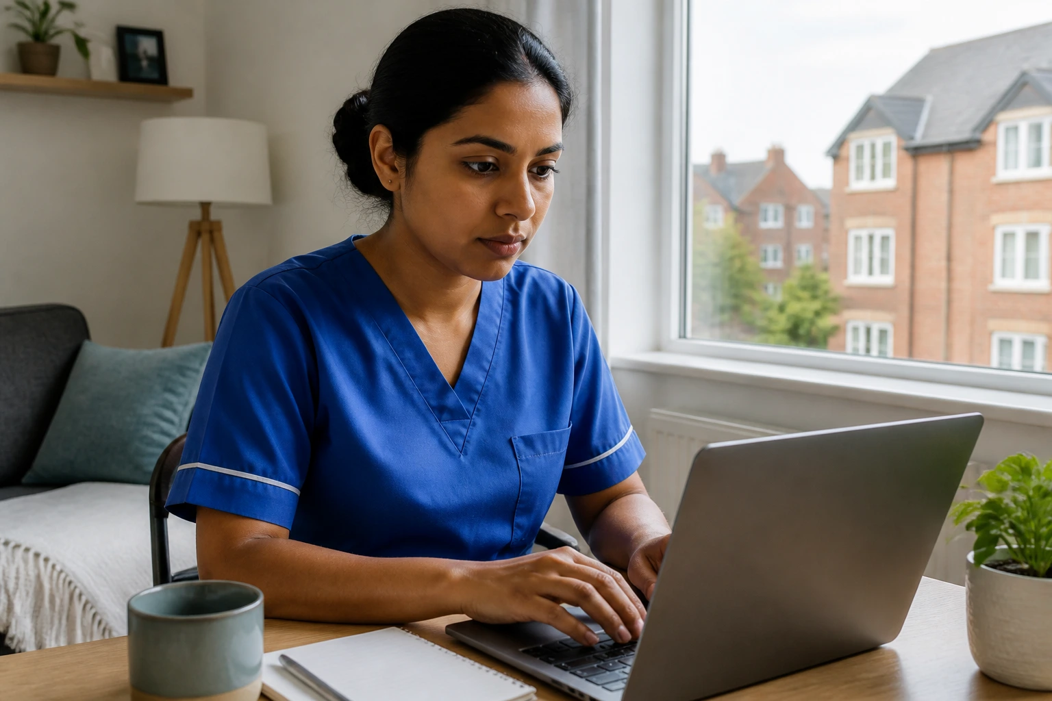 Midwife in a UK apartment, calm, home backdrop