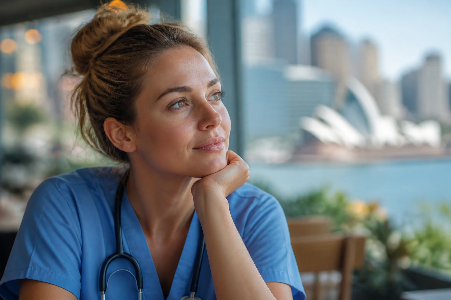Close-up portrait of a thoughtful midwife in scrubs in a cafe setting with a blurred city background