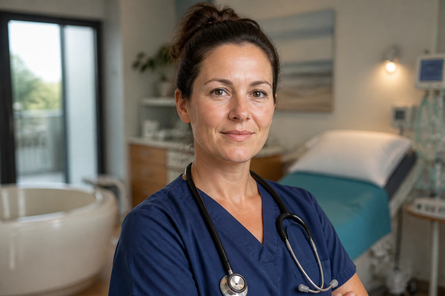Medium close-up of a midwife in a birth center showing professional autonomy