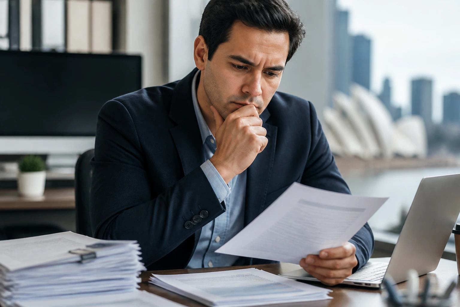 Professional weighing migration options in an office