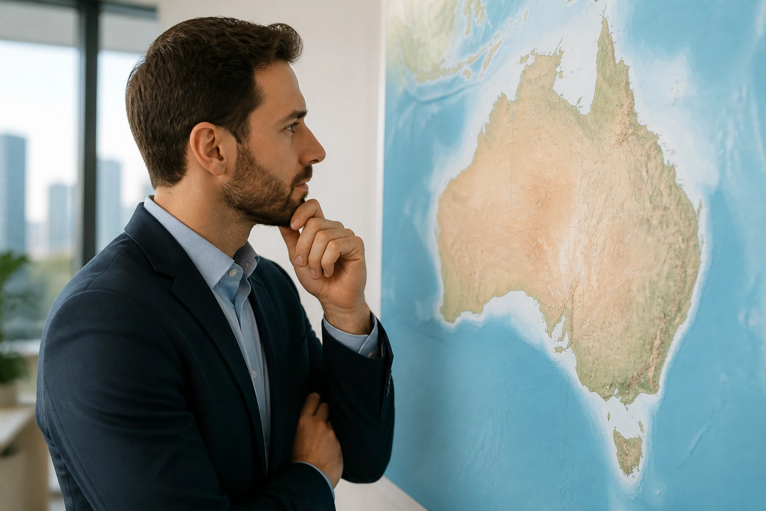 Professional studying a map silhouette of Australia in a bright modern office, illustrating the migration landscape