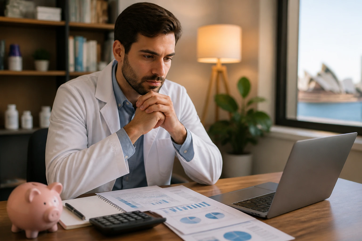Pharmacist planning migration finances in home office