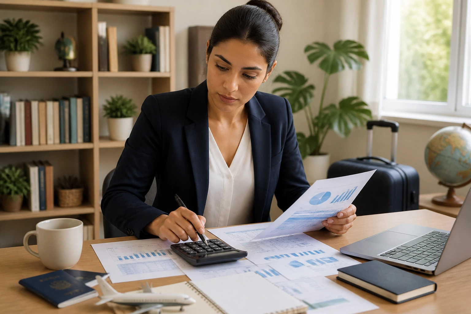 Person planning migration finances with calculator and documents