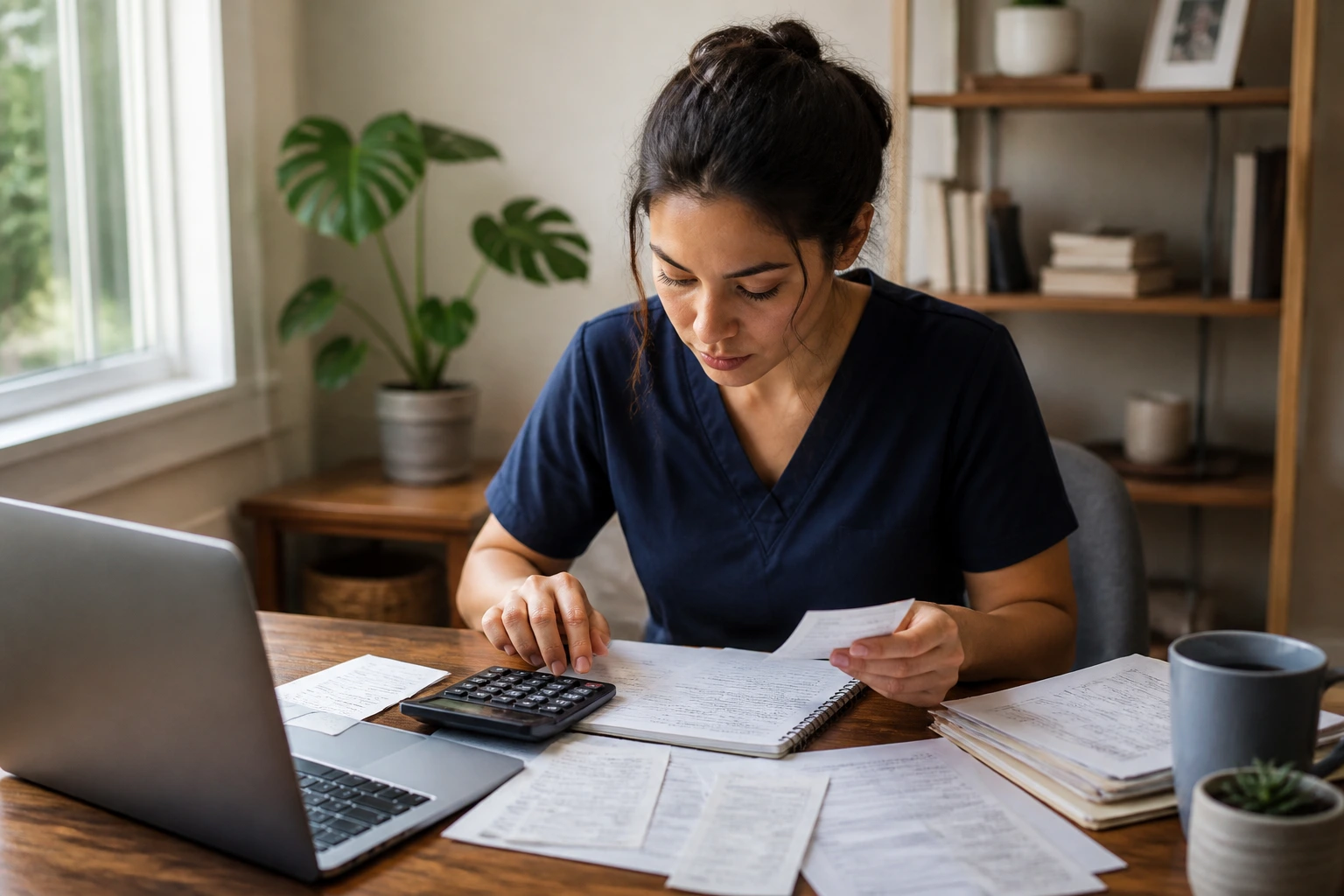 Close-up of a person calculating migration costs at a home desk