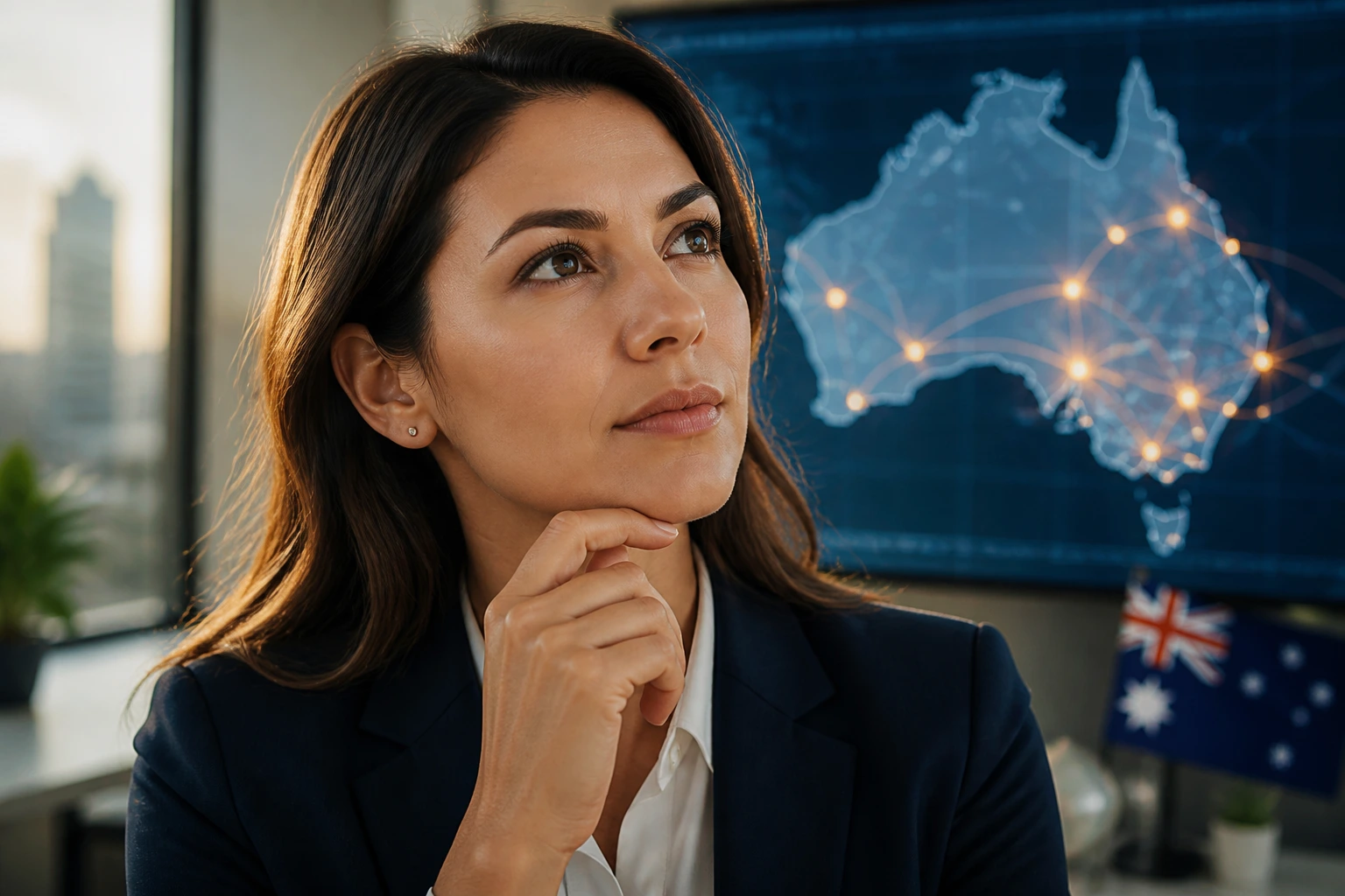Close-up portrait of a professional in a modern office, representing migration landscape understanding.