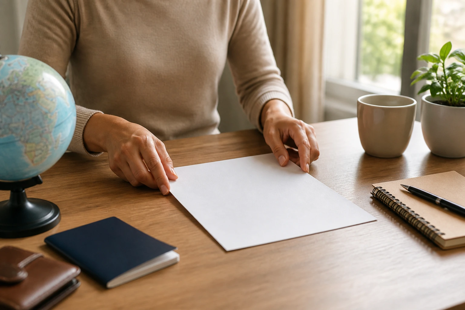 Close-up of hands placing blank sheet on desk for migration planning