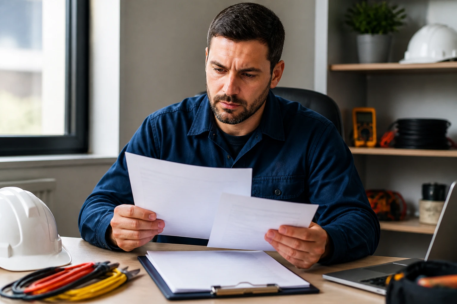 Person reviewing blank forms for migration skills assessment in a quiet office