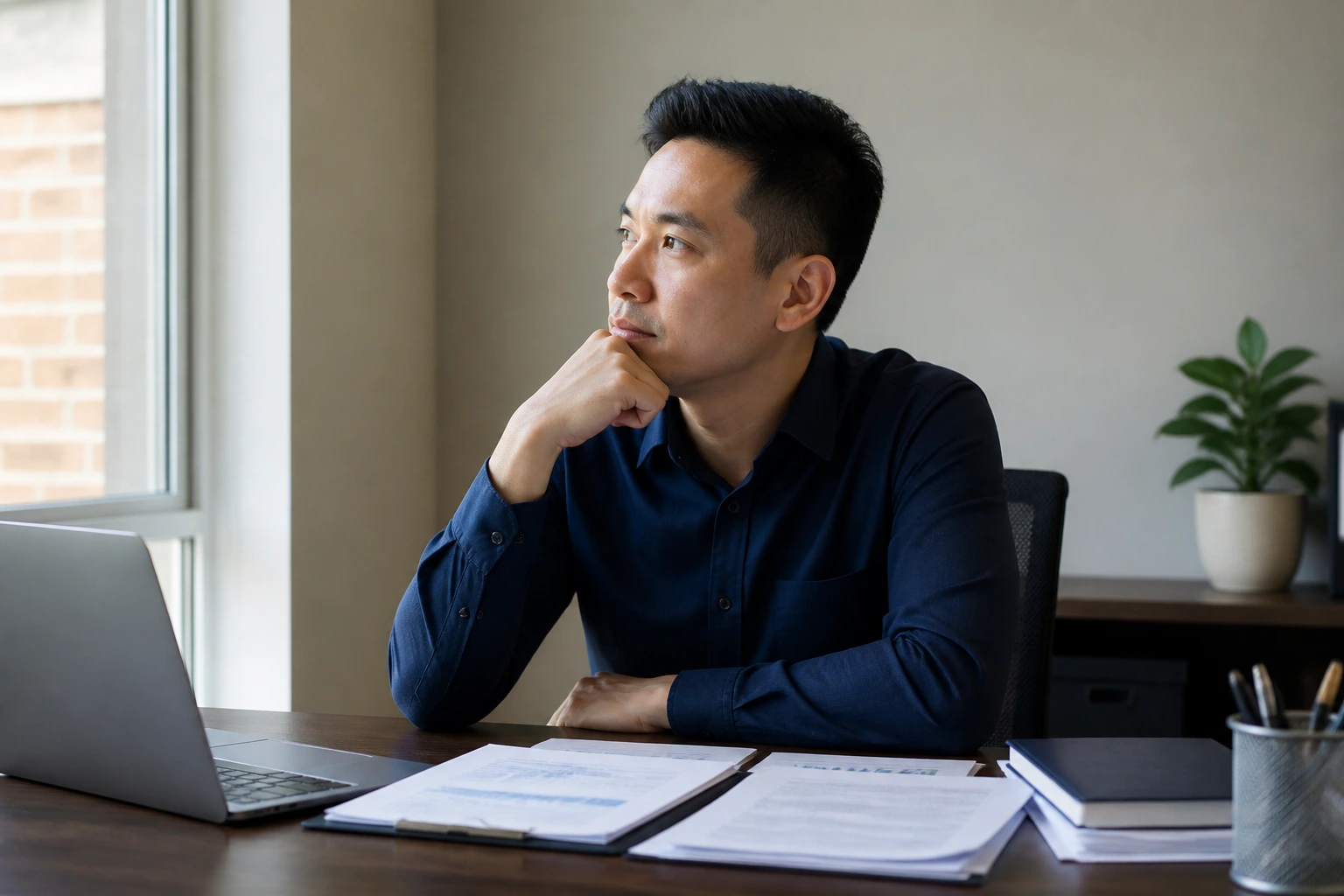 Professional planning migration steps in a calm home office