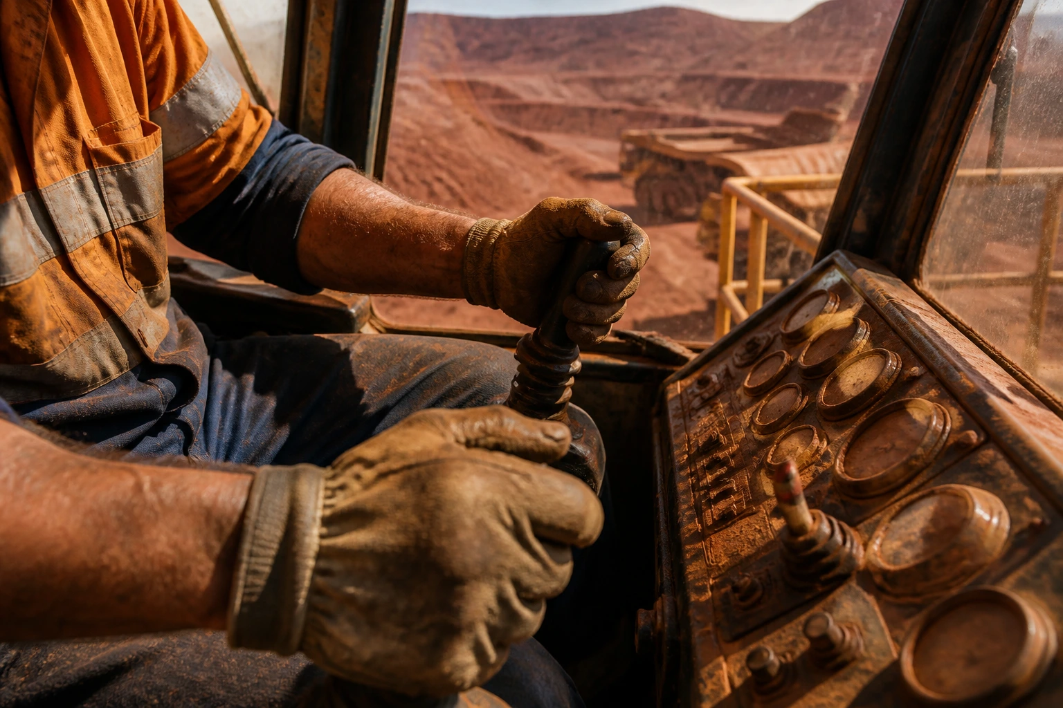 Miner's gloved hands on heavy machinery controls indoors