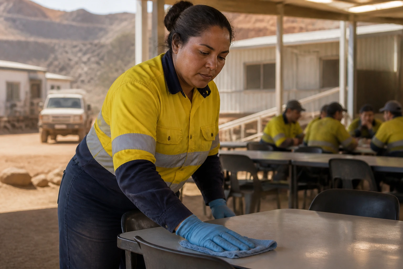 Cleaner in rugged uniform at a remote mining camp