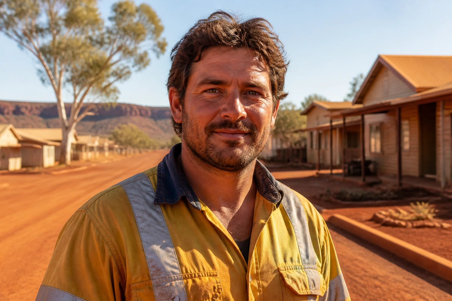 Portrait of a person in a mining town community setting during golden hour