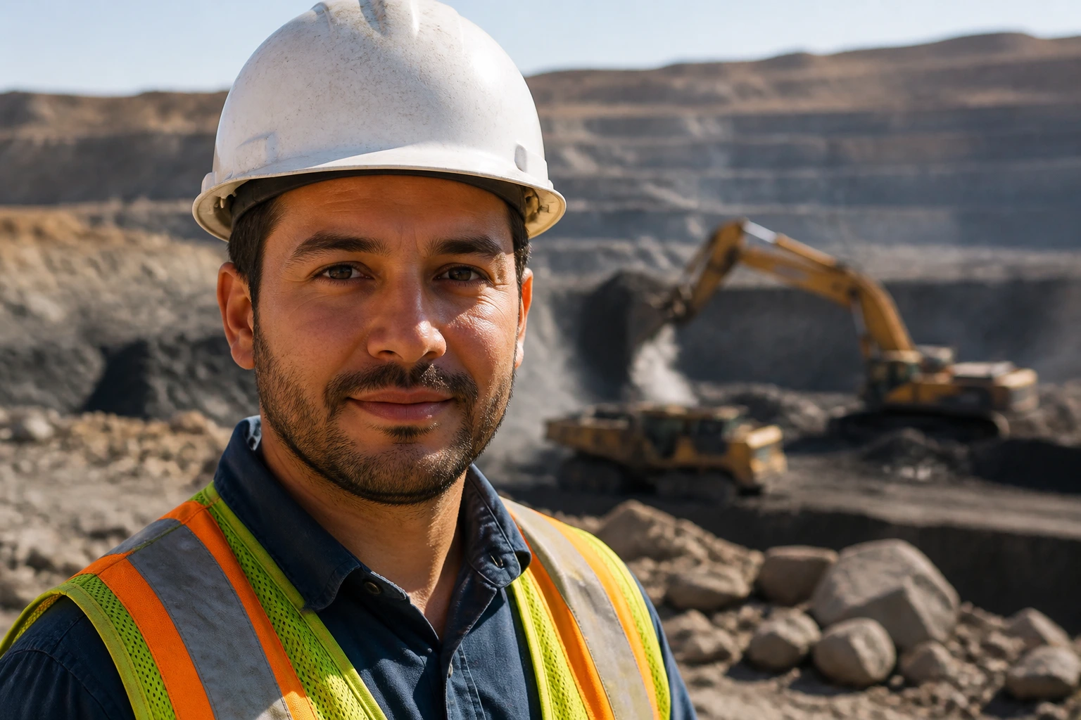 Close-up portrait of a mining engineer on an open-pit site at a Teck Resources project.
