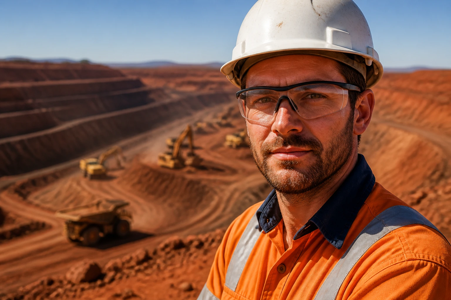 Close-up mining engineer wearing PPE at an open-pit mine
