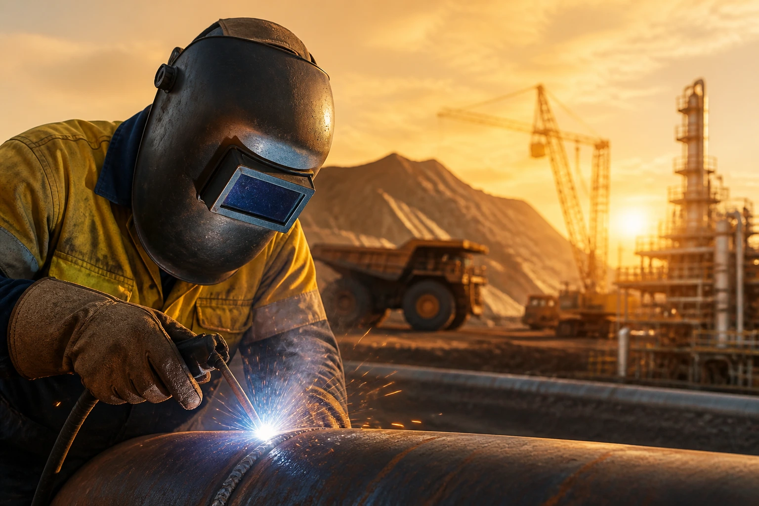 Welder in PPE with distant mining site silhouette behind