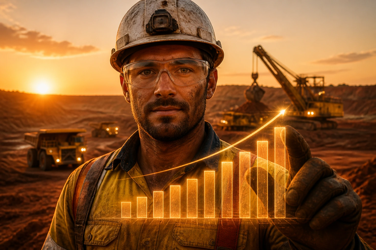 Close-up of a mining worker with a holographic pay chart in a dusty desert backdrop
