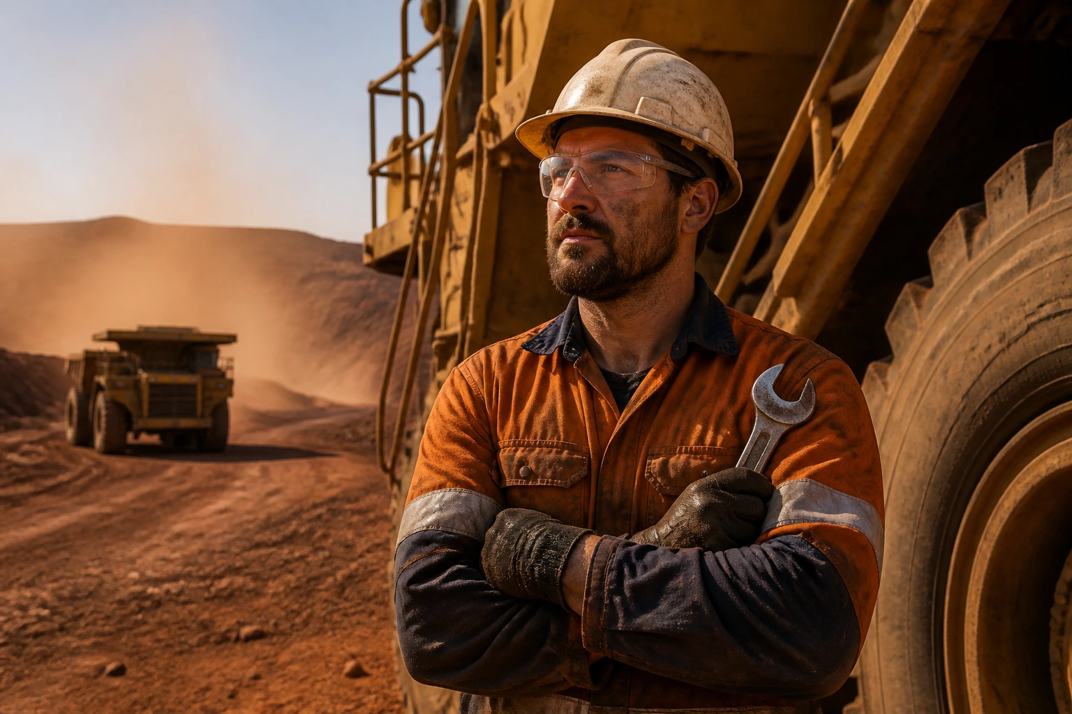 Medium close-up of a diesel fitter beside heavy mining equipment on a dusty site