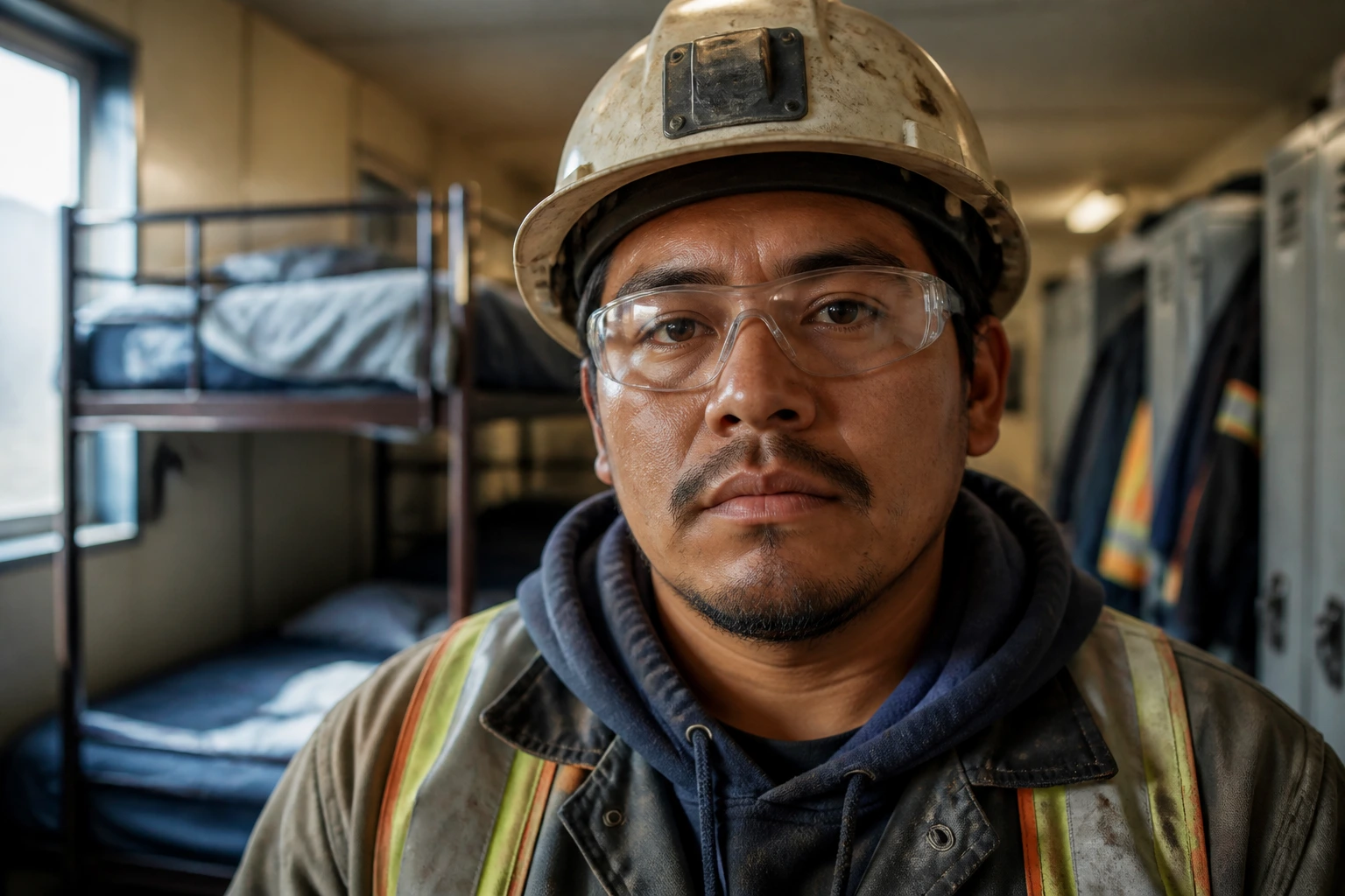 Mining worker in safety gear in dorm living quarters, adjusting to culture