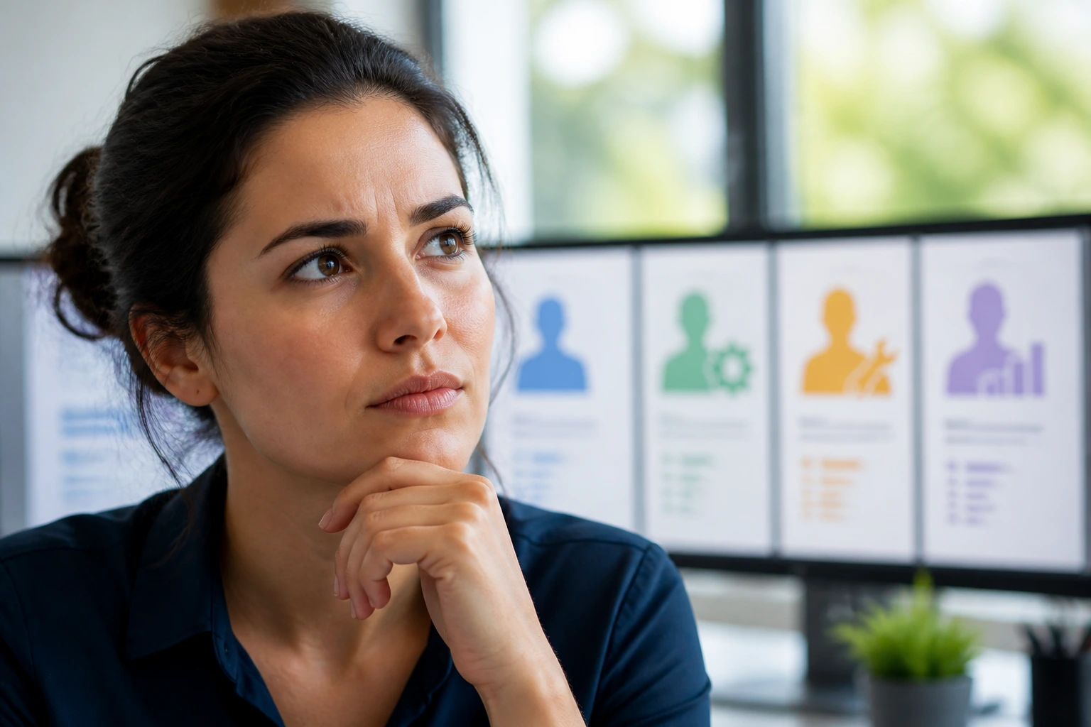 Close-up portrait of a professional with blurred screens suggesting multiple job roles