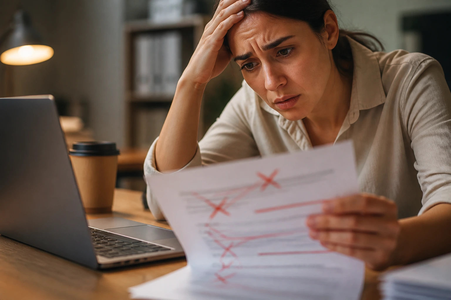 Close-up of a stressed job applicant examining a document with red corrections in an office