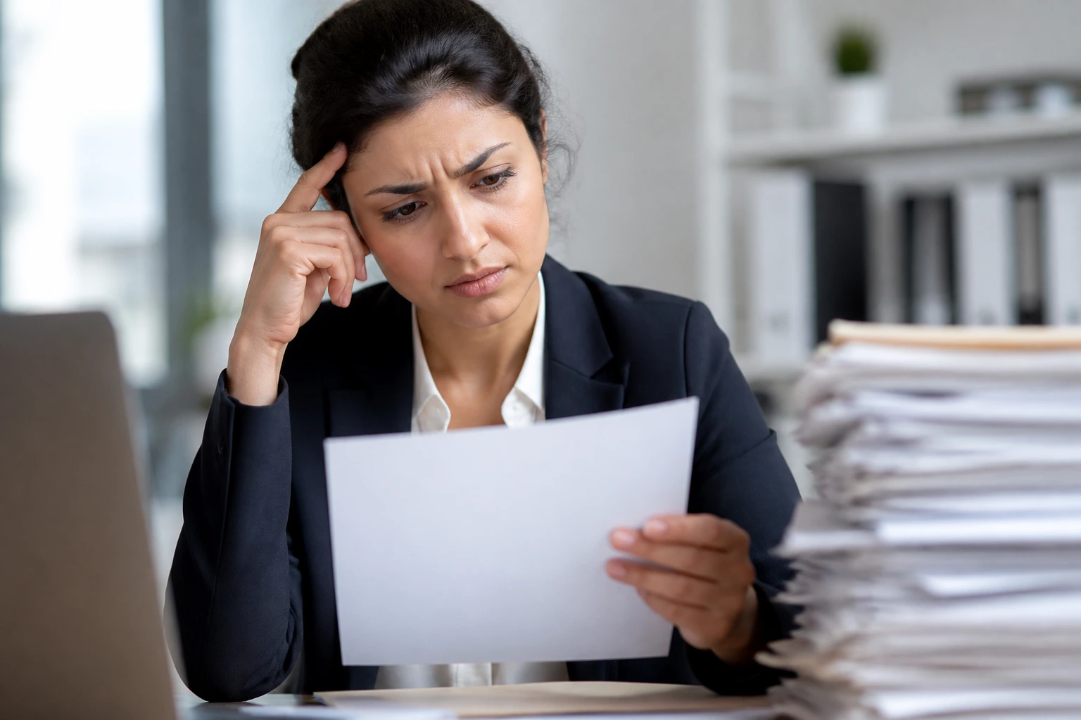 Mid-shot of a candidate looking puzzled while reviewing documents