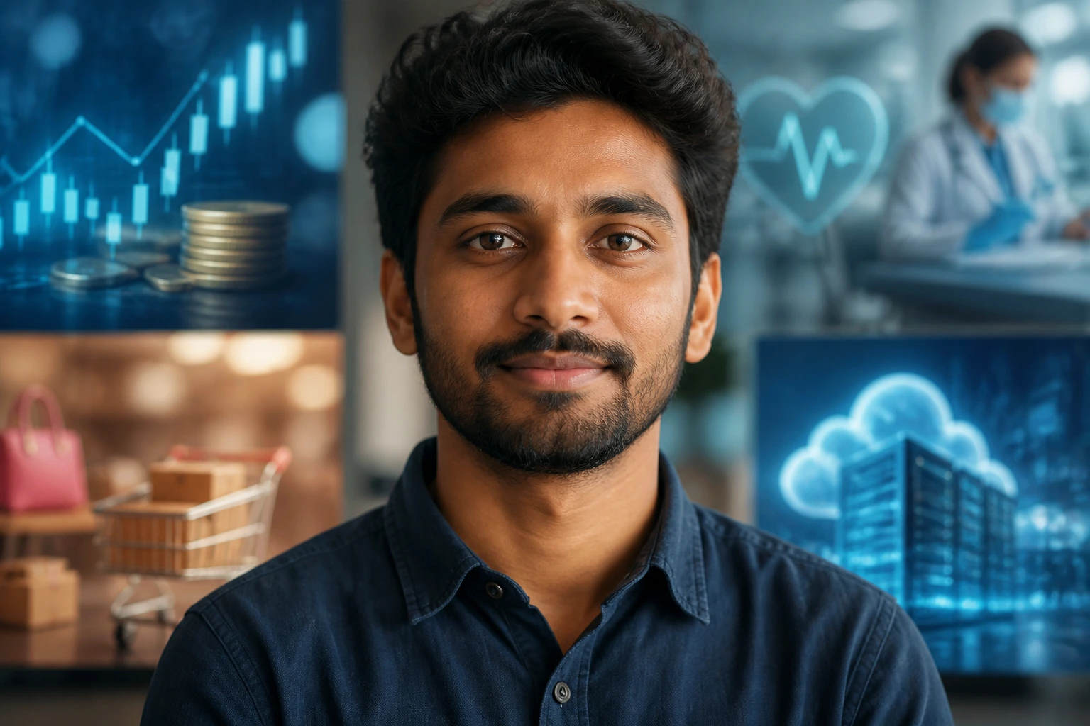 Close-up portrait of a machine learning engineer in a modern office with abstract industry cues behind