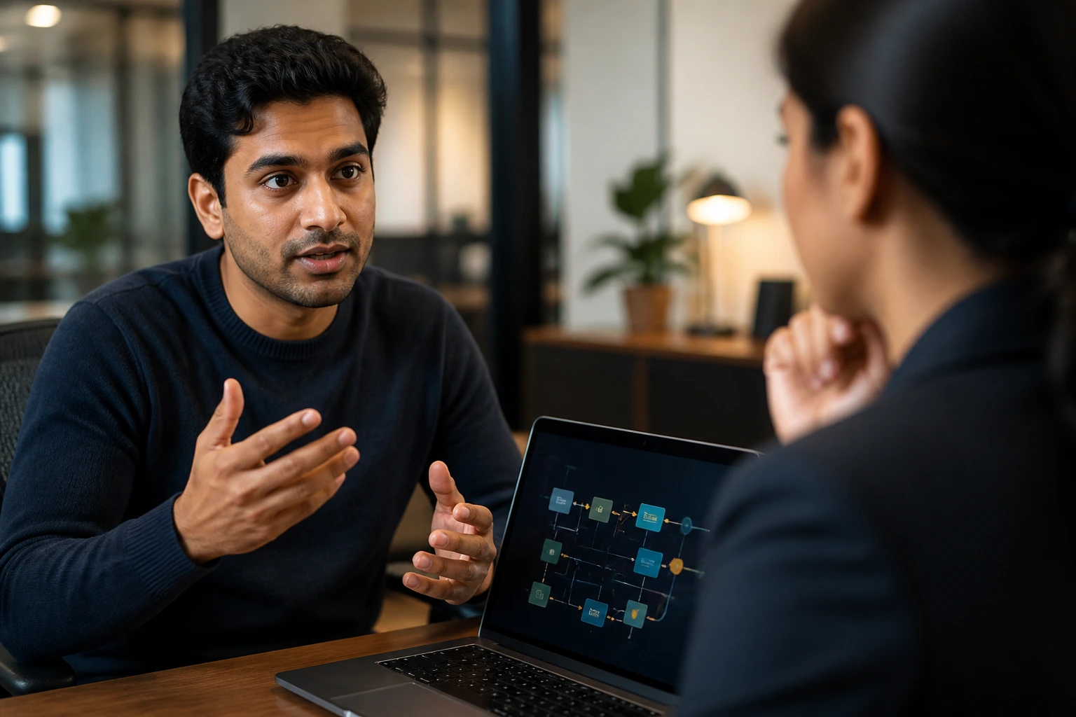 Candidate in interview setting with a laptop displaying an abstract system diagram (no text)