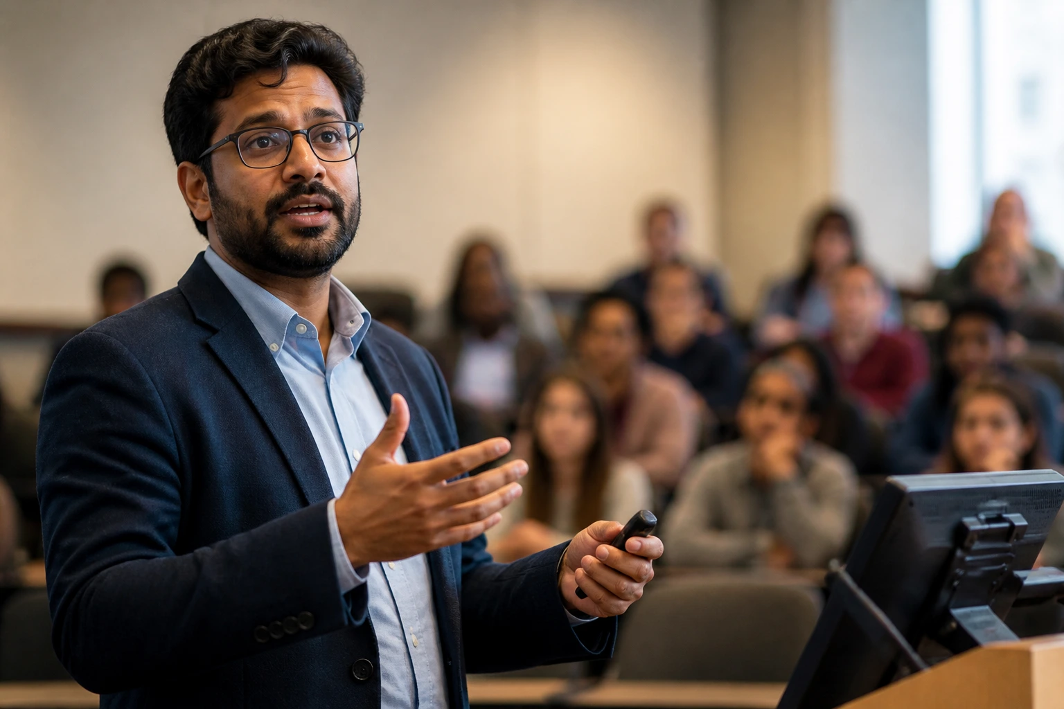 Lecturer delivering a mock lecture in a classroom with students in the background