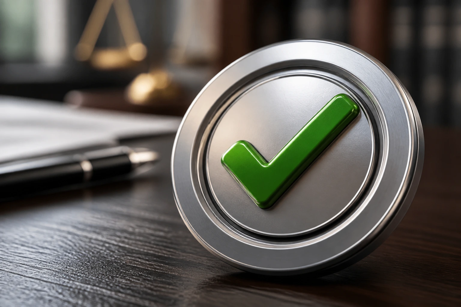 Badge with green checkmark on a desk symbolizing guarantees
