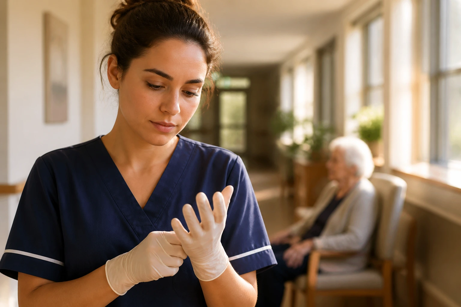 Close-up portrait of an aged care assistant in gloves in a sunlit corridor