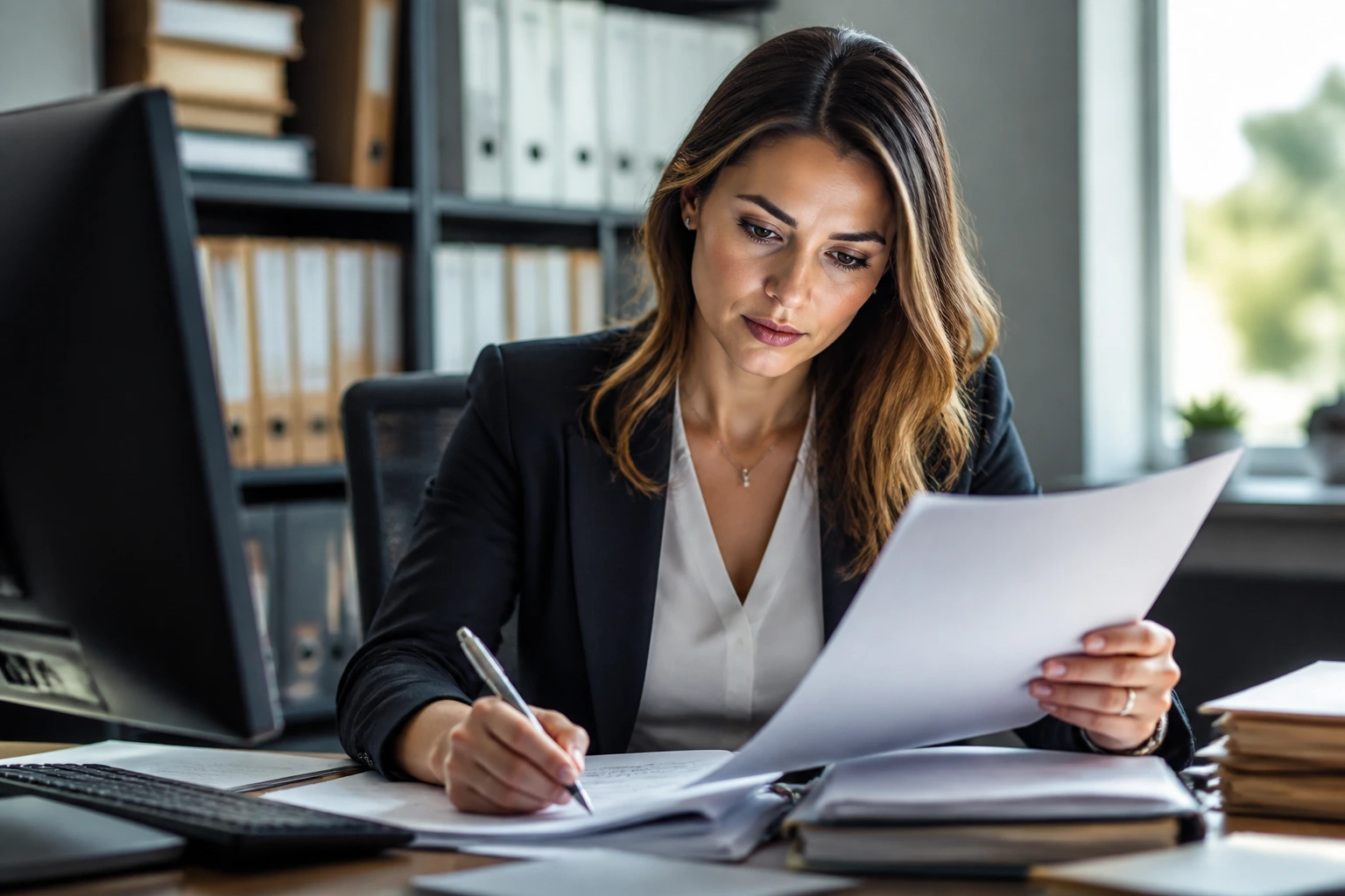 Close-up portrait of a mortgage loan officer at a desk in a bright office