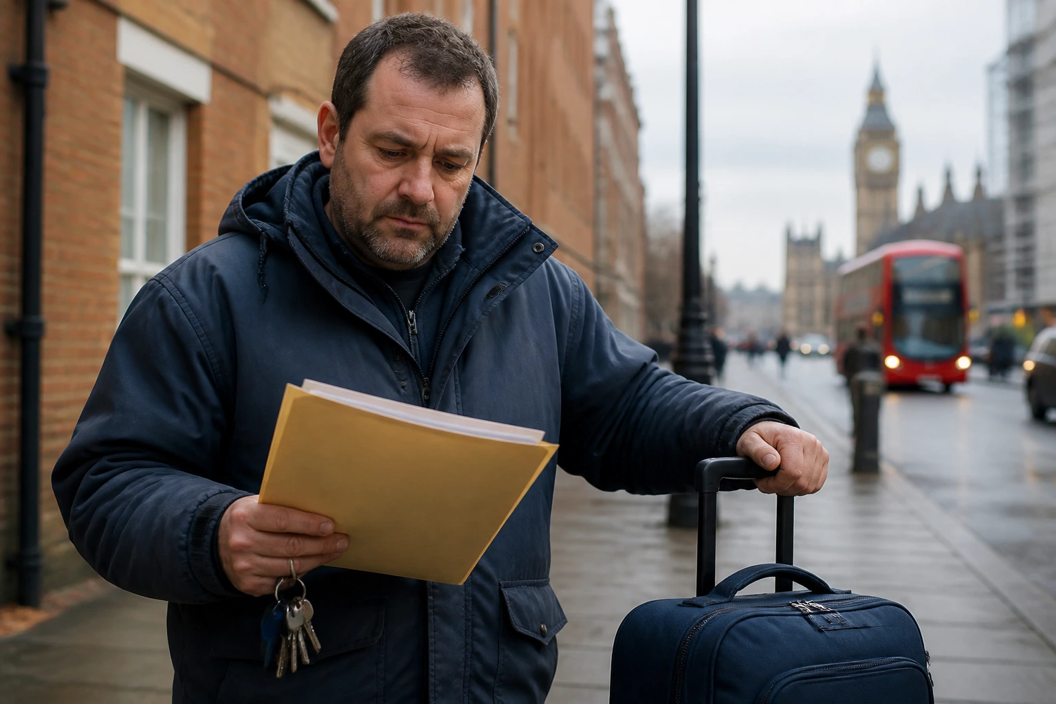Caretaker planning move to UK with folder and travel bag