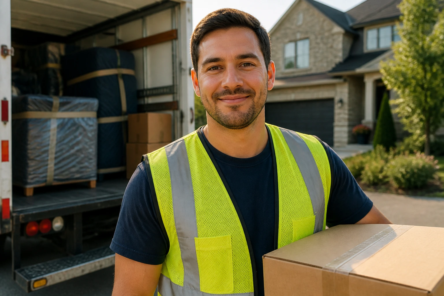 Close-up of a uniformed mover with a moving truck in a residential driveway
