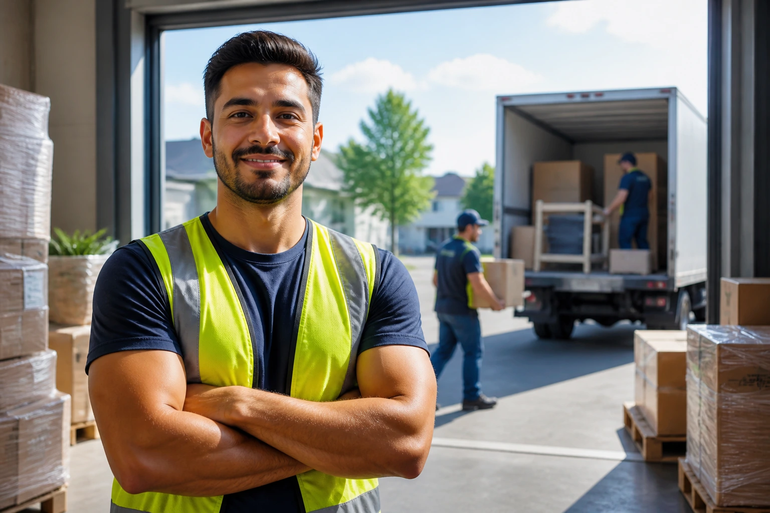 Mover in safety vest at warehouse doorway, symbolizing career advancement opportunities in Canada