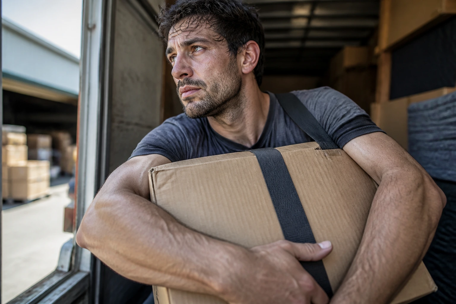 Close-up of a mover's arms and face showing fatigue during first month on the truck