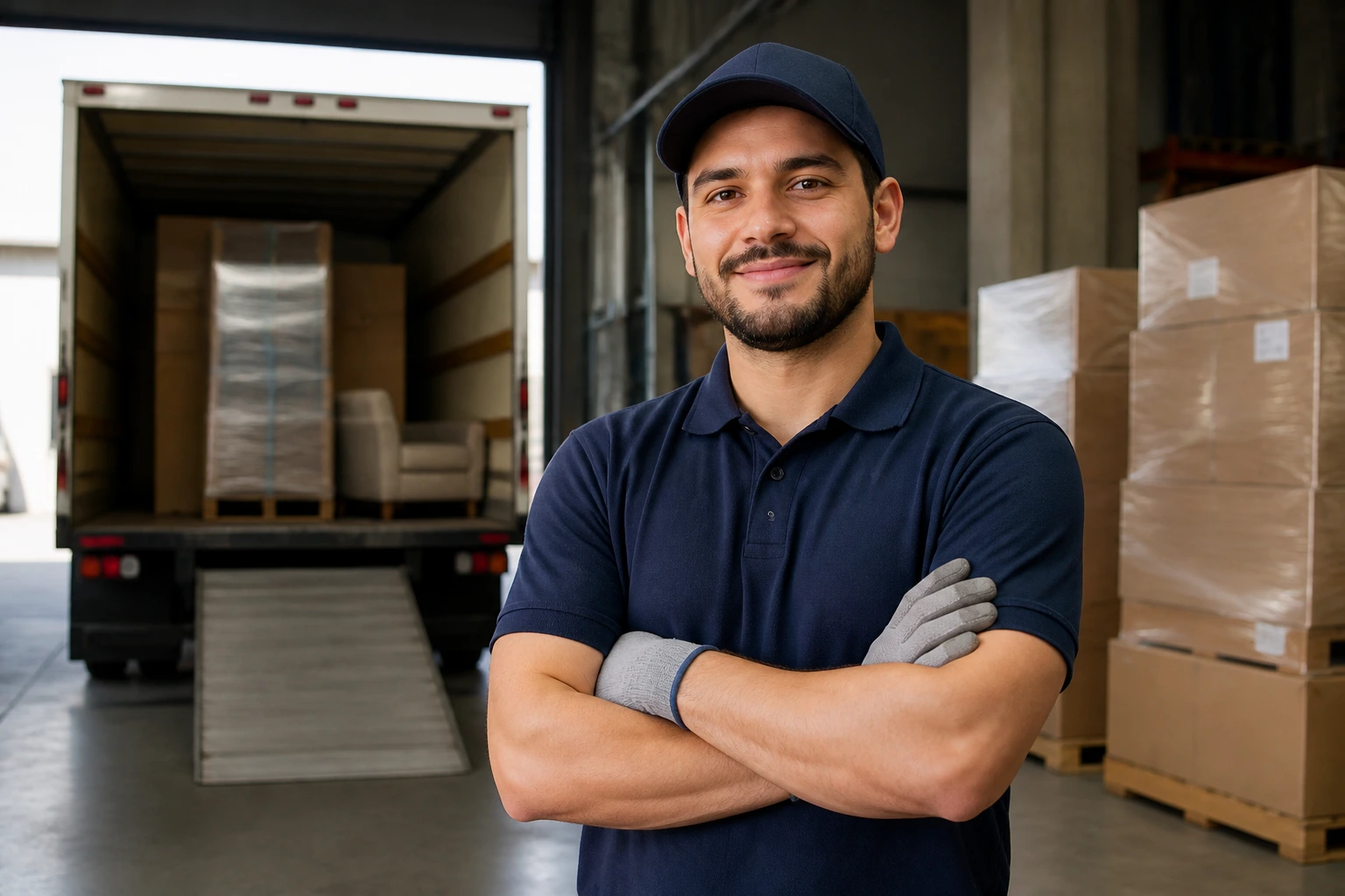 Mover in warehouse with pallets and a truck behind