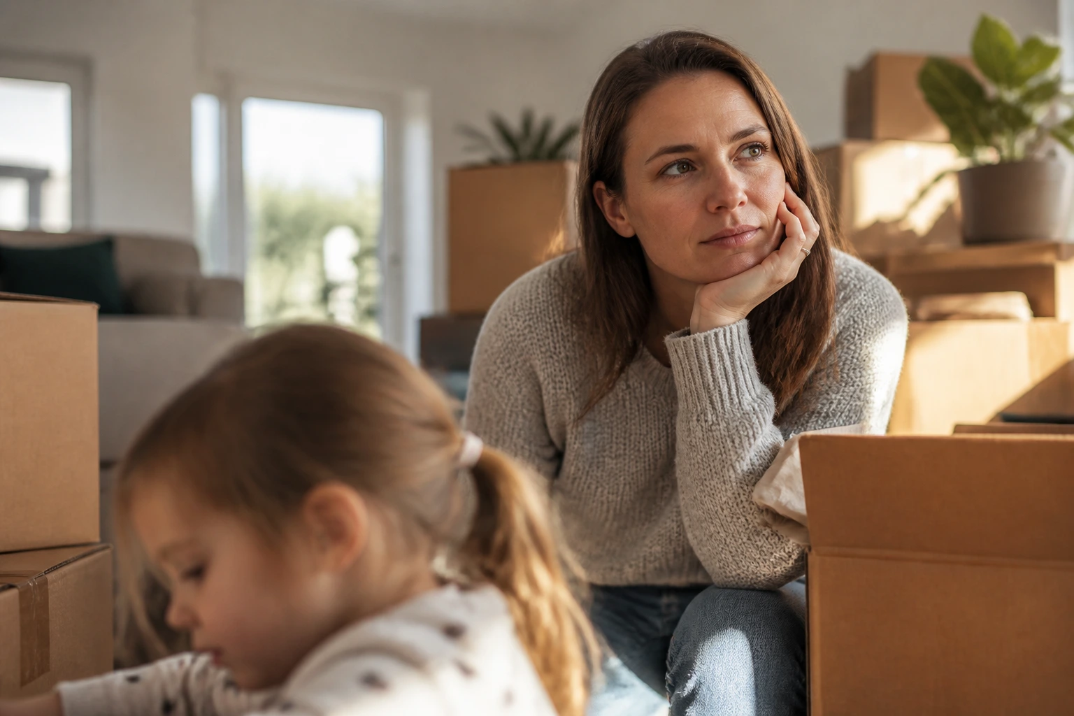 Parent in living room holding child’s hand during family move