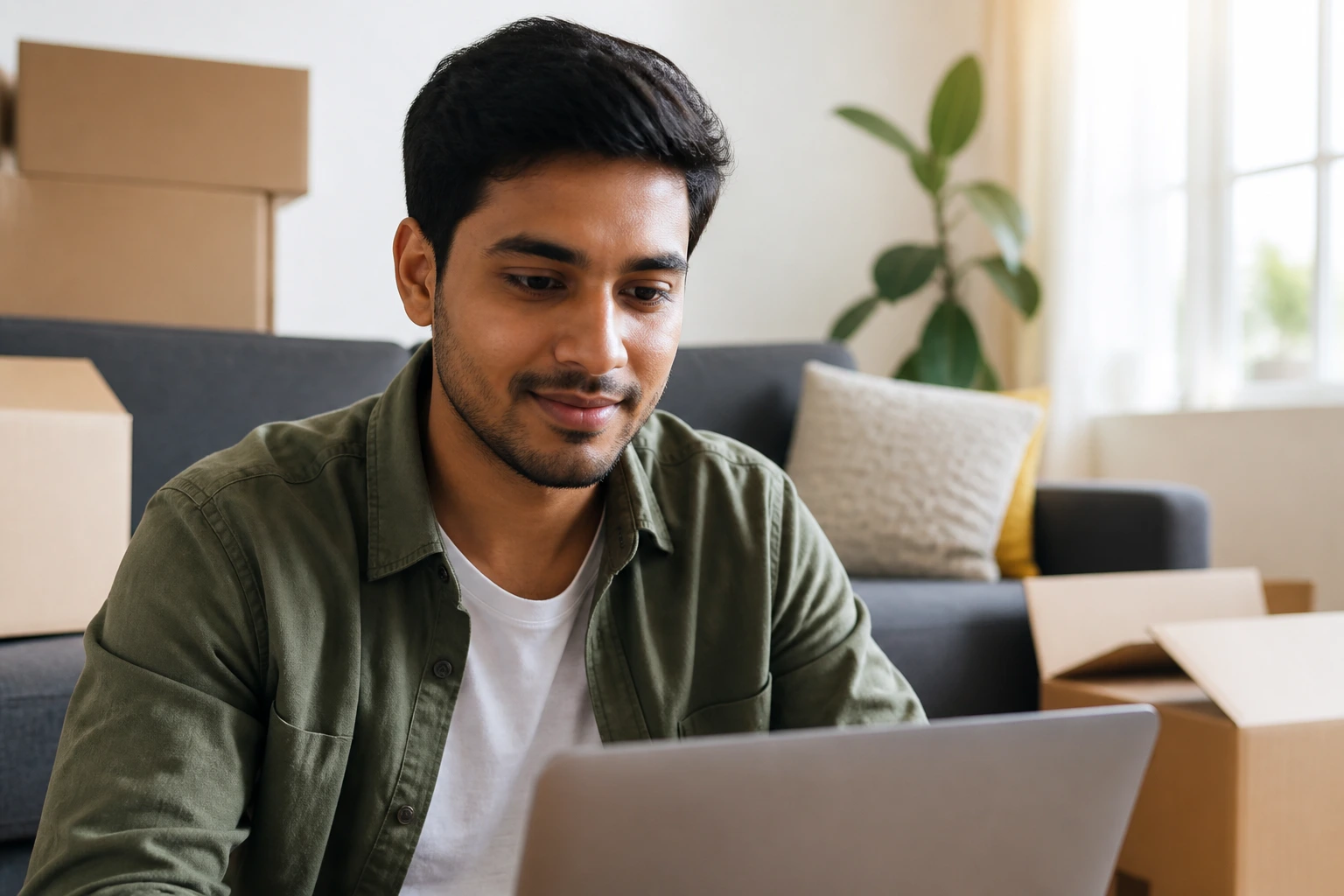 Close-up portrait of a person settling into a new UK home with moving boxes and a laptop in warm daylight